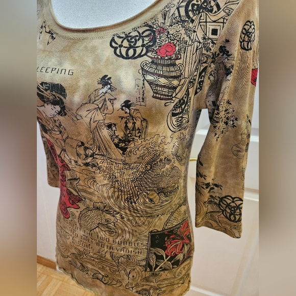 RARE NEW Y2K GLIMA Tan Red Tie Dye Print Japan Geisha Cotton Blouse Top S - Picture 3 of 9